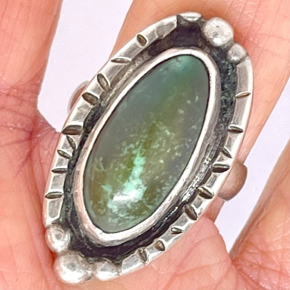Native American Navajo Indian Turquoise Jewelry Jewelry - VTG Navajo Royston Turquoise Ring Sz 8 Long Stamped Sterling Silver 10g 1960 70s
